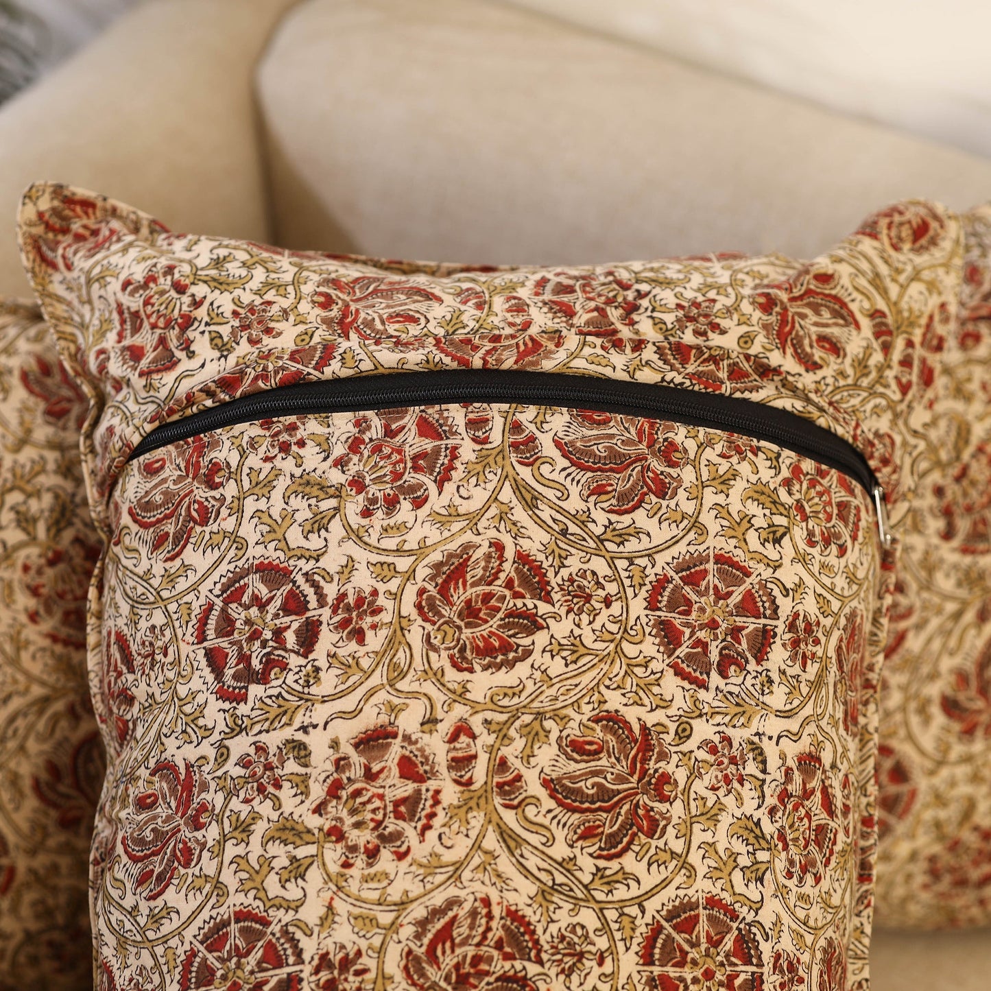 Buy Set of 2 Beige Kalamkari Block Print Cotton Pillow Covers