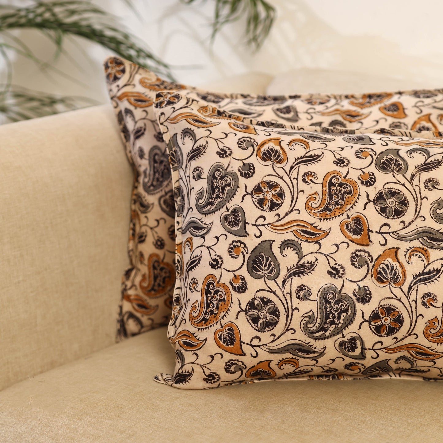 Buy Set of 2 Beige Kalamkari Block Print Cotton Pillow Covers