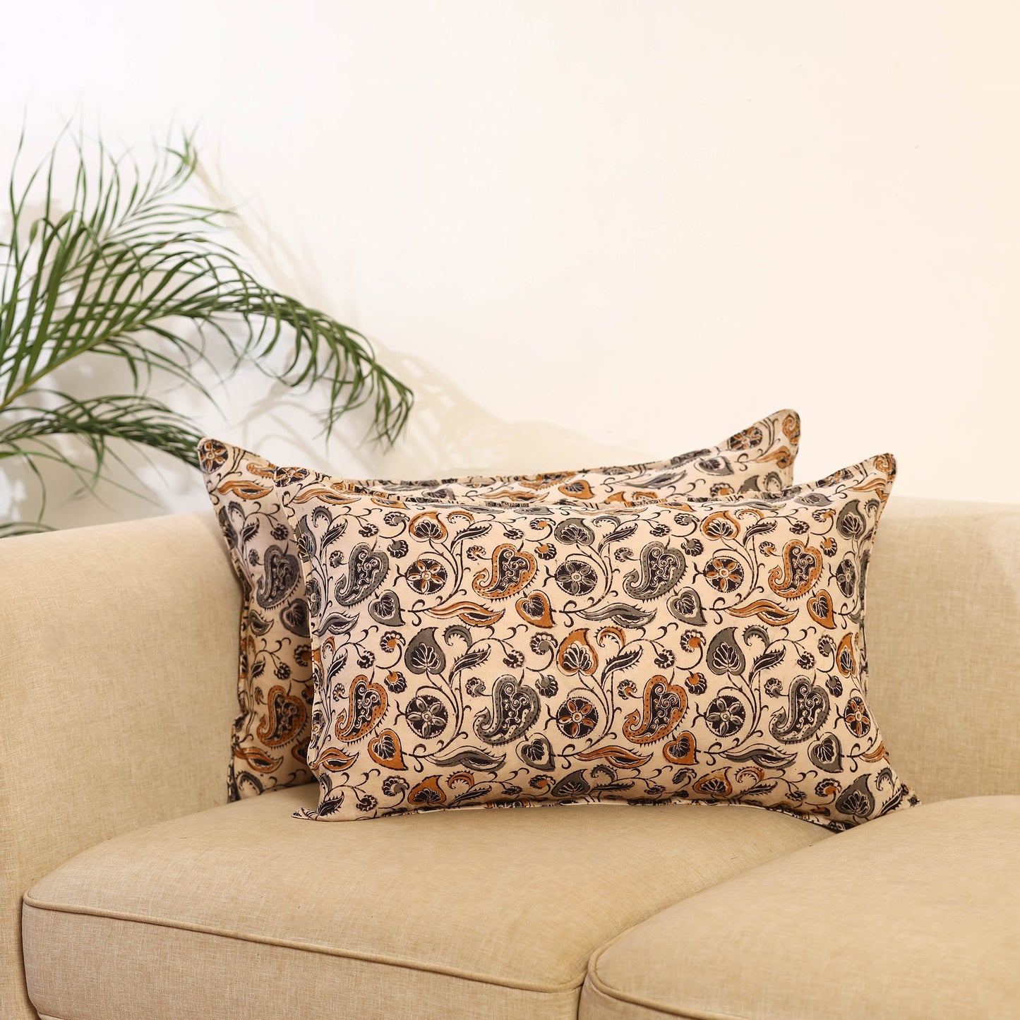 Buy Set of 2 Beige Kalamkari Block Print Cotton Pillow Covers
