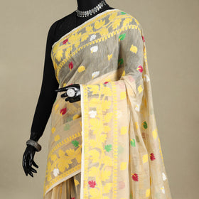 Beige - silk cotton dhakai jamdani saree 04 - handcrafted