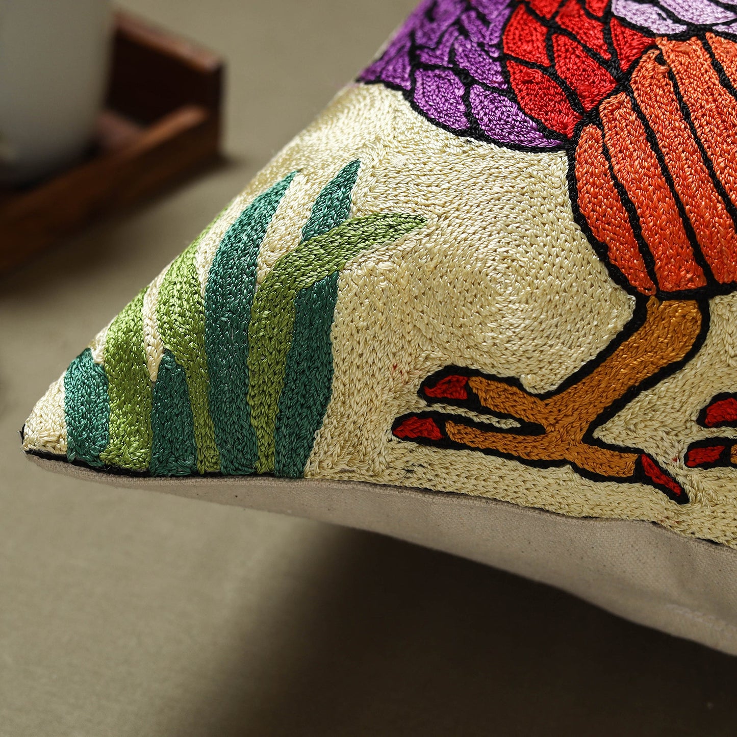 Beige - silk thread crewel hand embroidery cushion cover