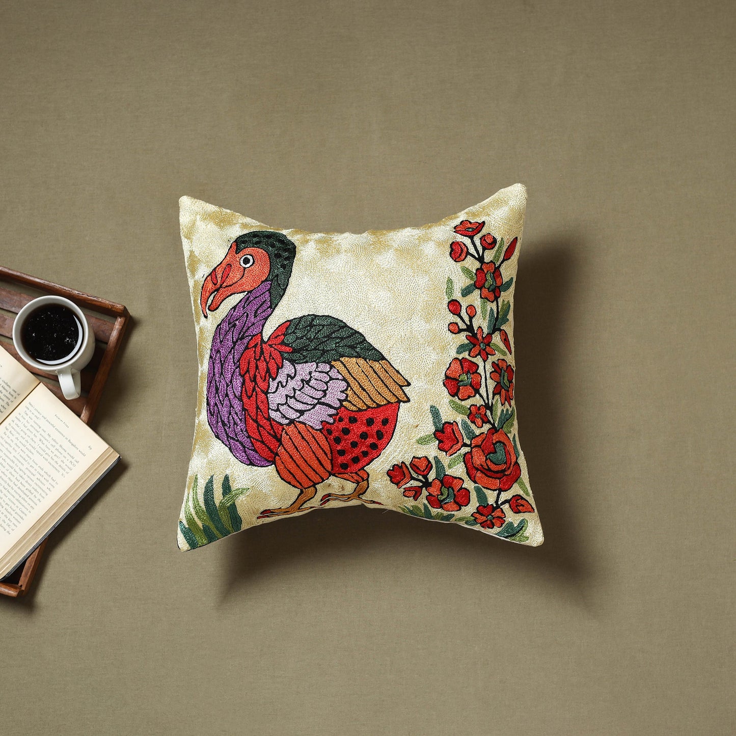 Beige - silk thread crewel hand embroidery cushion cover