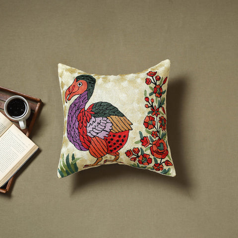 Beige - silk thread crewel hand embroidery cushion cover