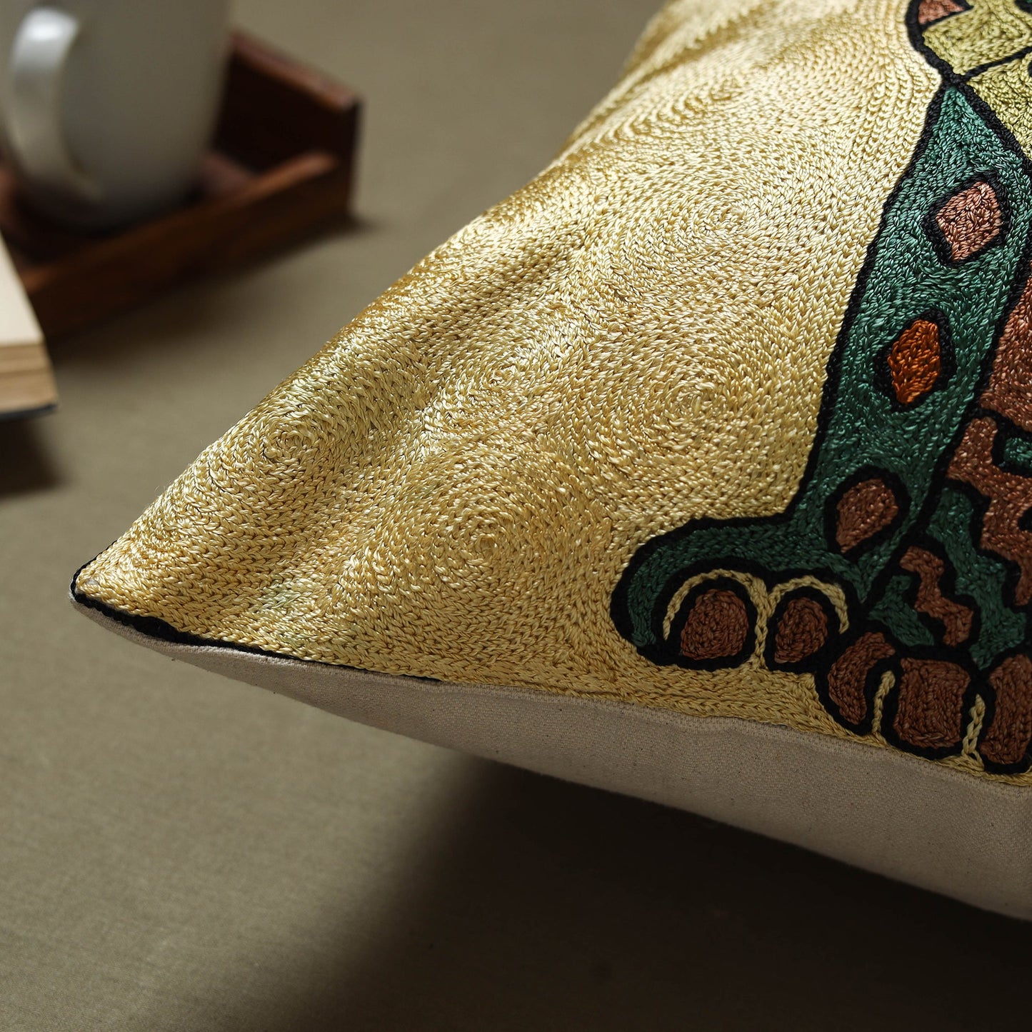 Beige - silk thread crewel hand embroidery cushion cover