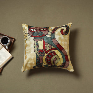 Beige - silk thread crewel hand embroidery cushion cover