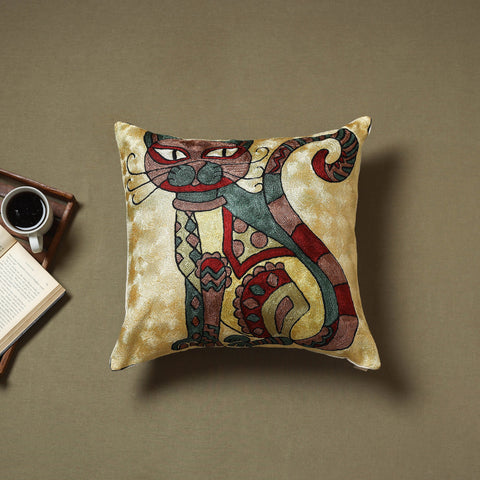 Beige - silk thread crewel hand embroidery cushion cover