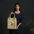 Beige Handcrafted Water Reed Sky Blue Embroidered Shopping Hand Bag