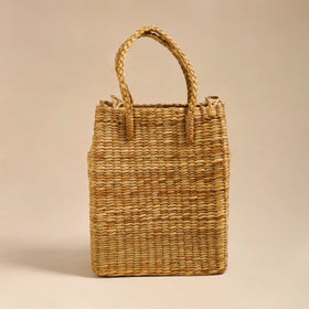 Beige Handcrafted Water Reed Sky Blue Embroidered Shopping Hand Bag