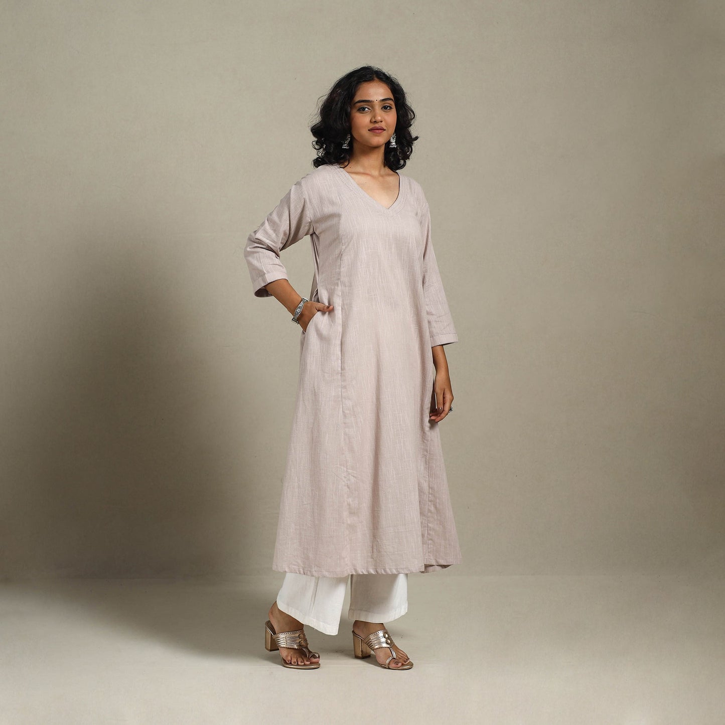 Beige Slub Cotton A-Line Plain Kurta with Hand Embroidery