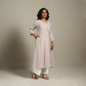 Beige Slub Cotton A-Line Plain Kurta with Hand Embroidery