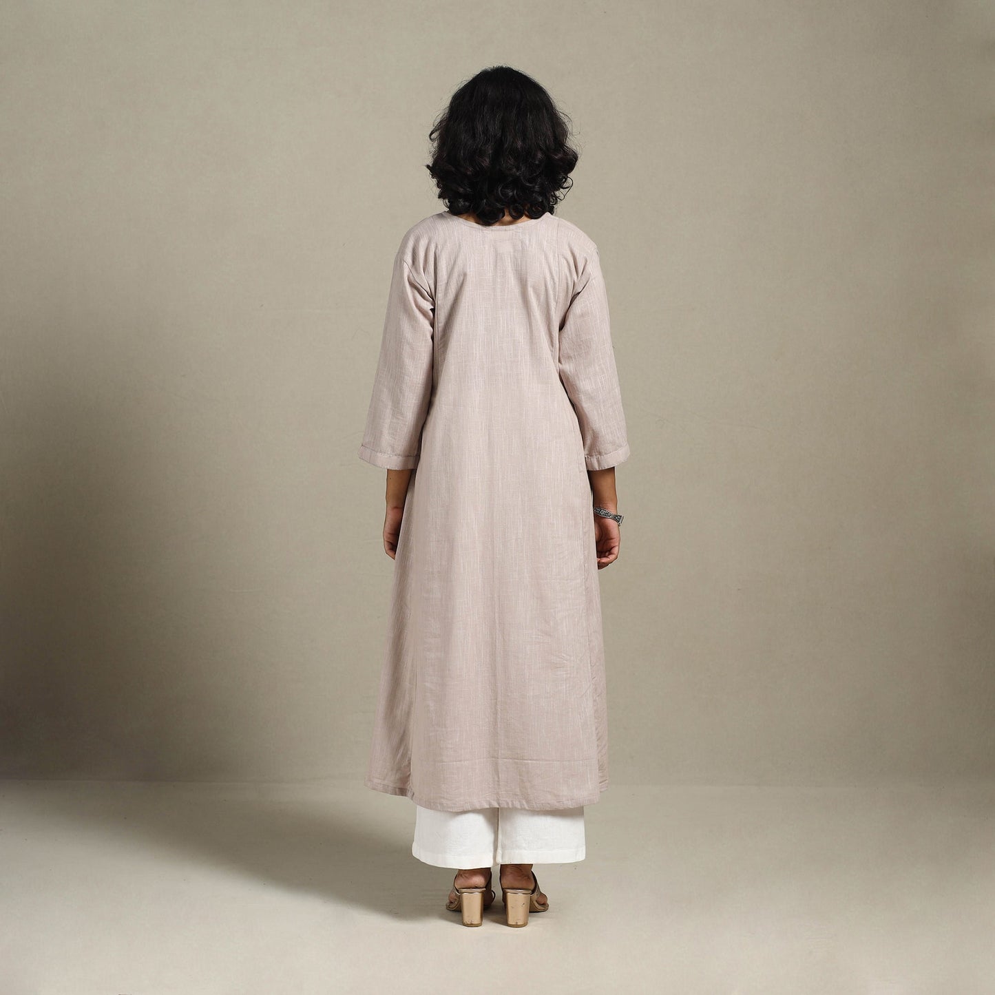 Beige Slub Cotton A-Line Plain Kurta with Hand Embroidery