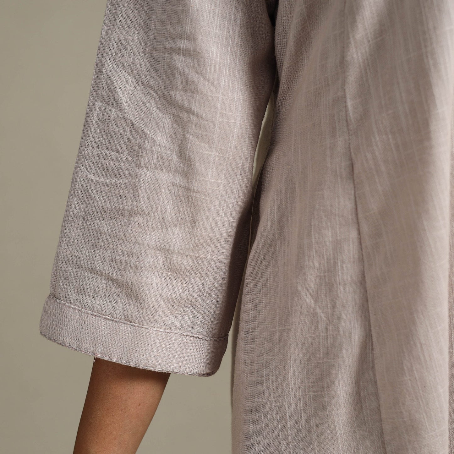 Beige Slub Cotton A-Line Plain Kurta with Hand Embroidery