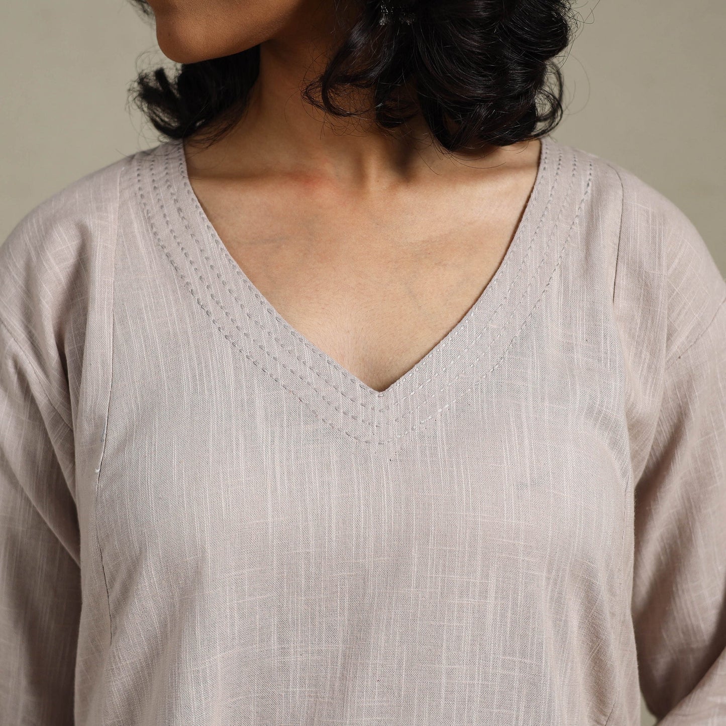 Beige Slub Cotton A-Line Plain Kurta with Hand Embroidery