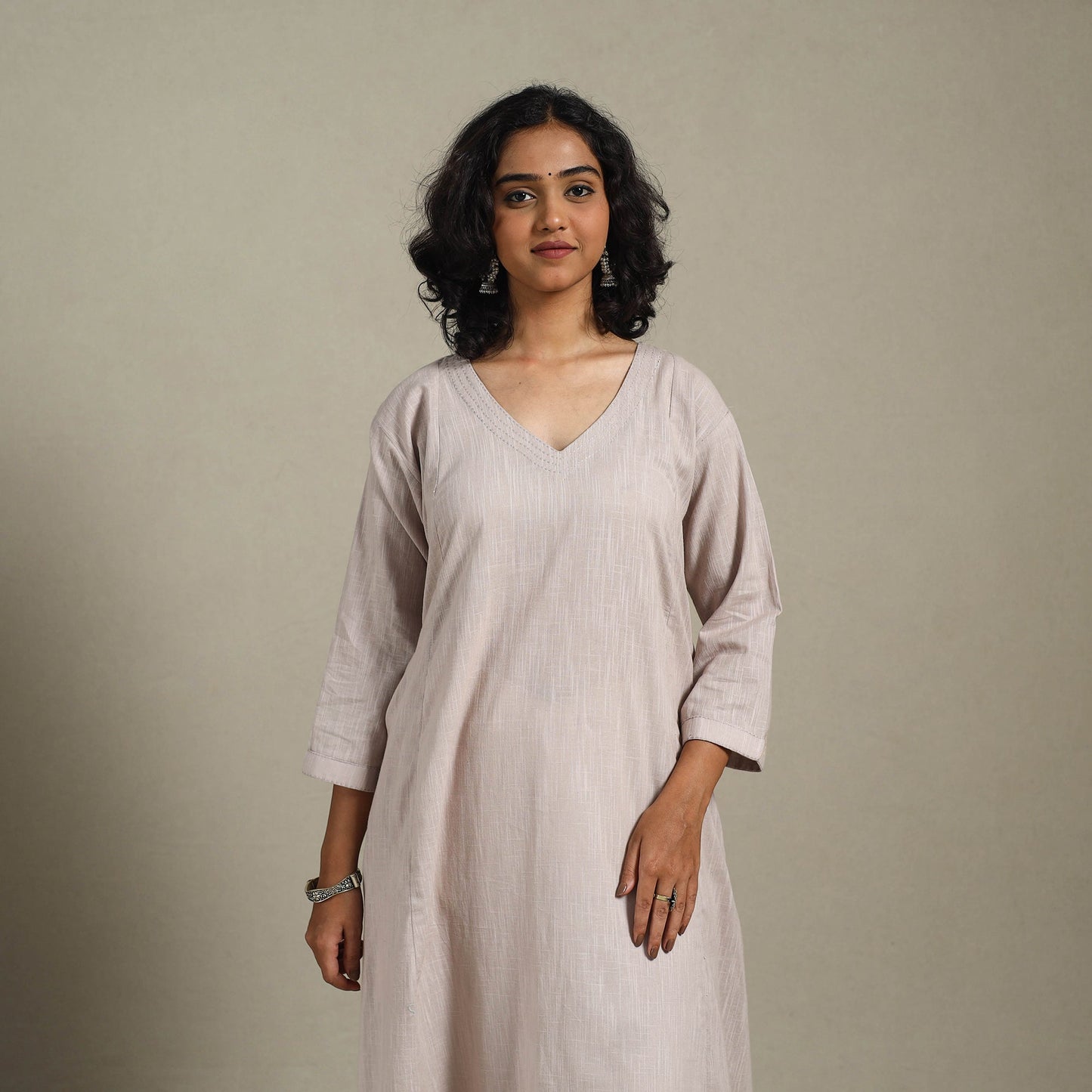 Beige Slub Cotton A-Line Plain Kurta with Hand Embroidery
