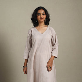 Beige Slub Cotton A-Line Plain Kurta with Hand Embroidery
