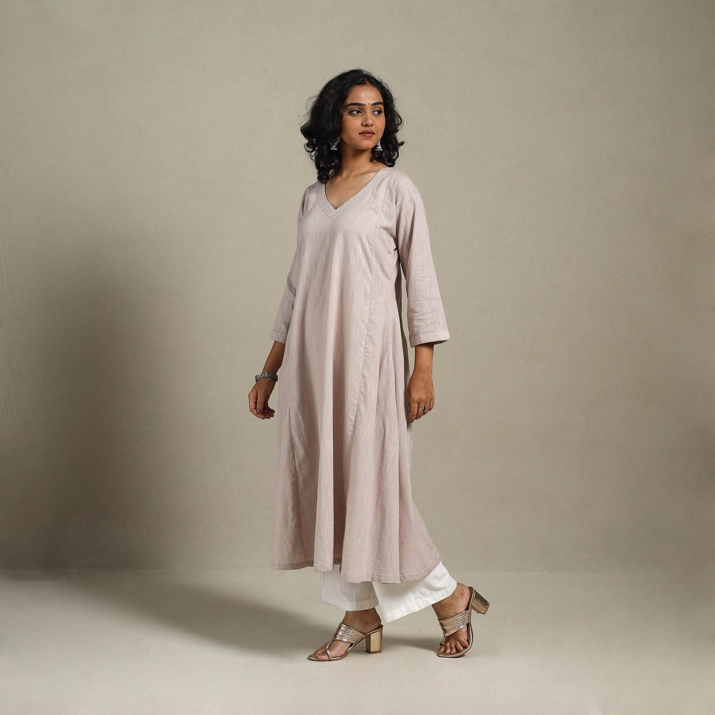 Beige Slub Cotton A-Line Plain Kurta with Hand Embroidery