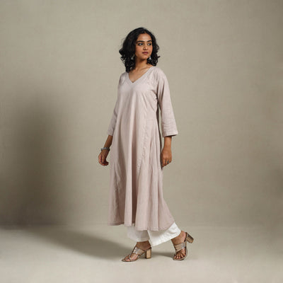Beige Slub Cotton A-Line Plain Kurta with Hand Embroidery