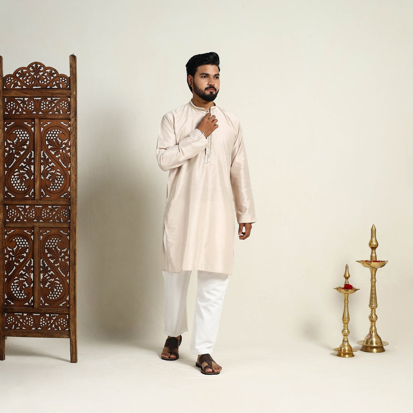 Buy Beige Slub Silk Kurta for Men with Detailed Neckline Work