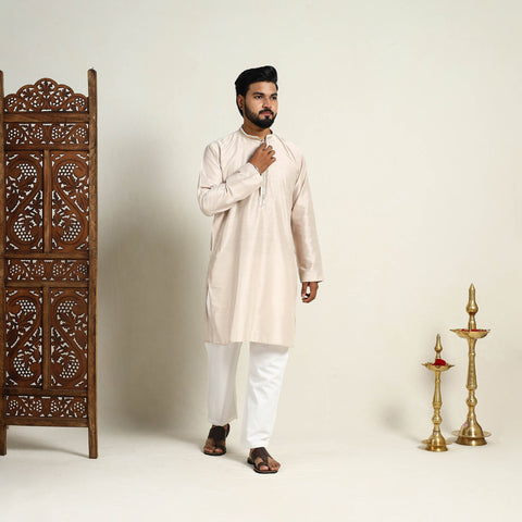 Buy Beige Slub Silk Kurta for Men with Detailed Neckline Work