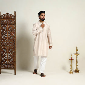 Buy Beige Slub Silk Kurta for Men with Detailed Neckline Work