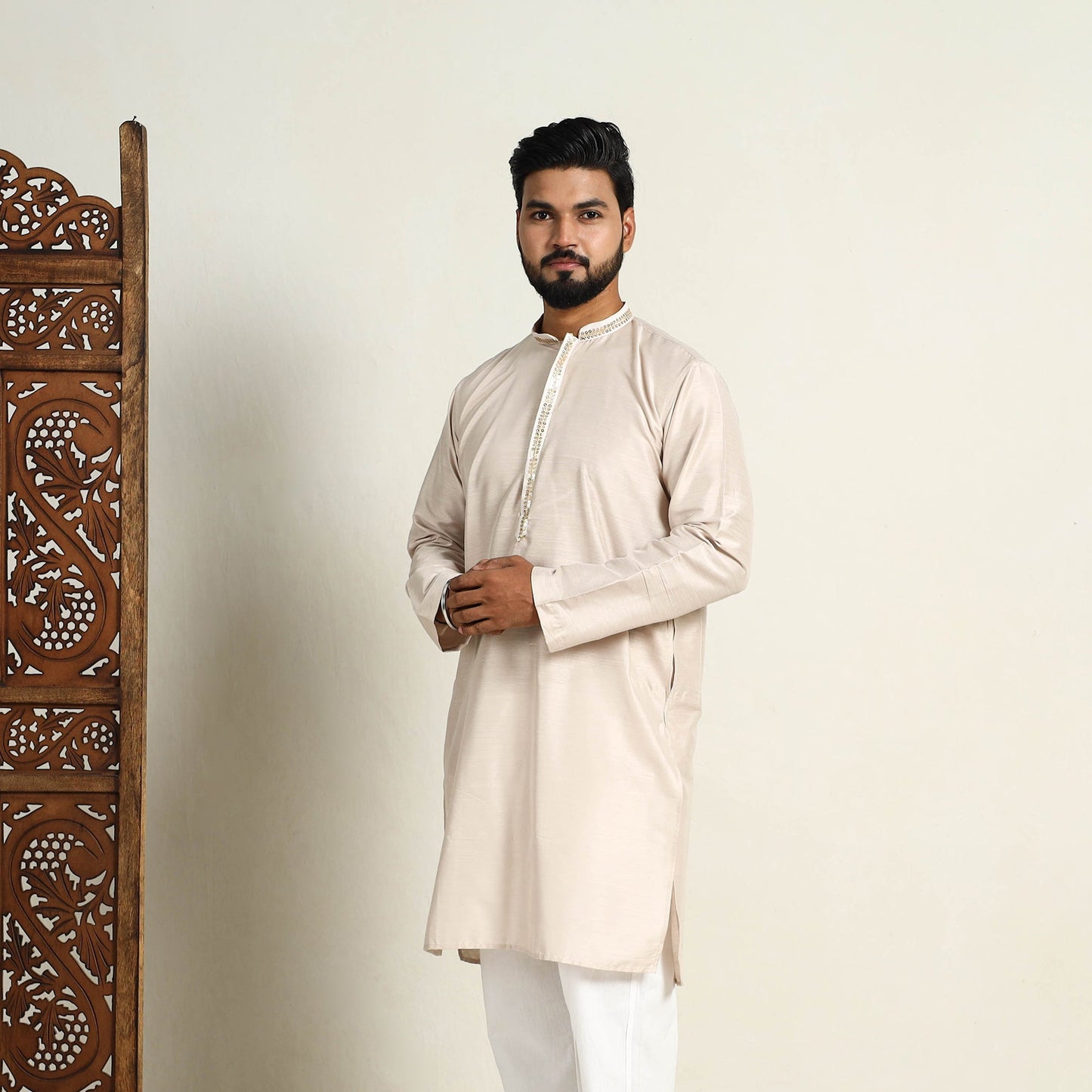 Buy Beige Slub Silk Kurta for Men with Detailed Neckline Work