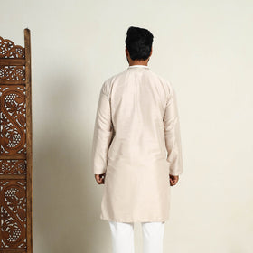Buy Beige Slub Silk Kurta for Men with Detailed Neckline Work