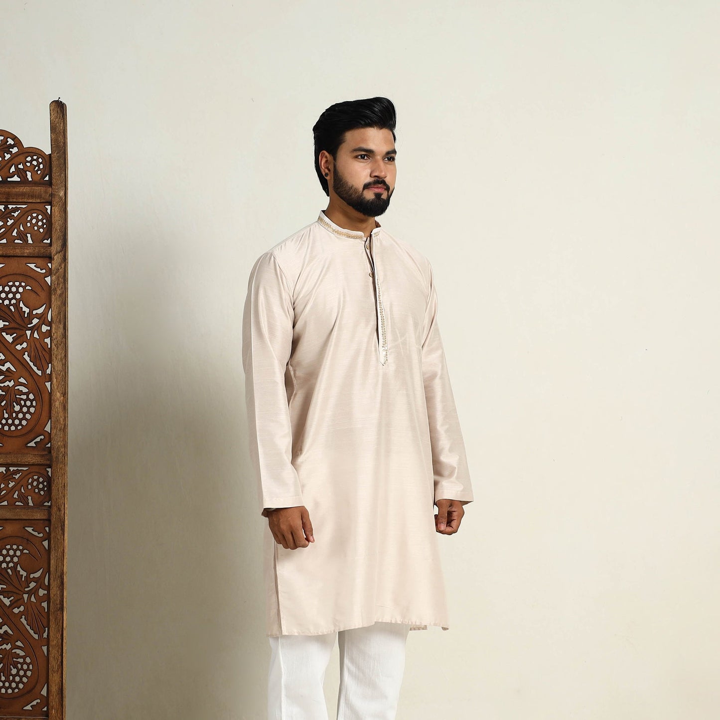 Buy Beige Slub Silk Kurta for Men with Detailed Neckline Work