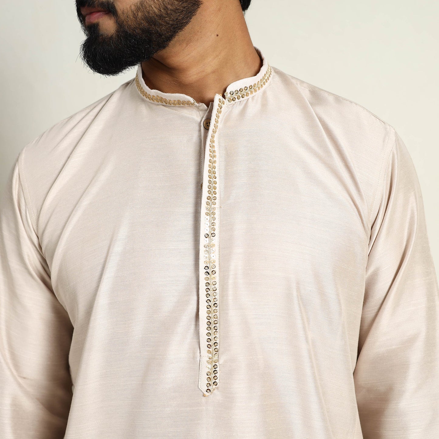 Buy Beige Slub Silk Kurta for Men with Detailed Neckline Work