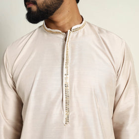 Buy Beige Slub Silk Kurta for Men with Detailed Neckline Work