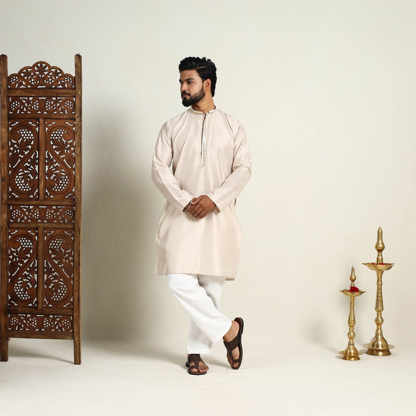 Buy Beige Slub Silk Kurta for Men with Detailed Neckline Work