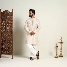 Buy Beige Slub Silk Kurta for Men with Detailed Neckline Work