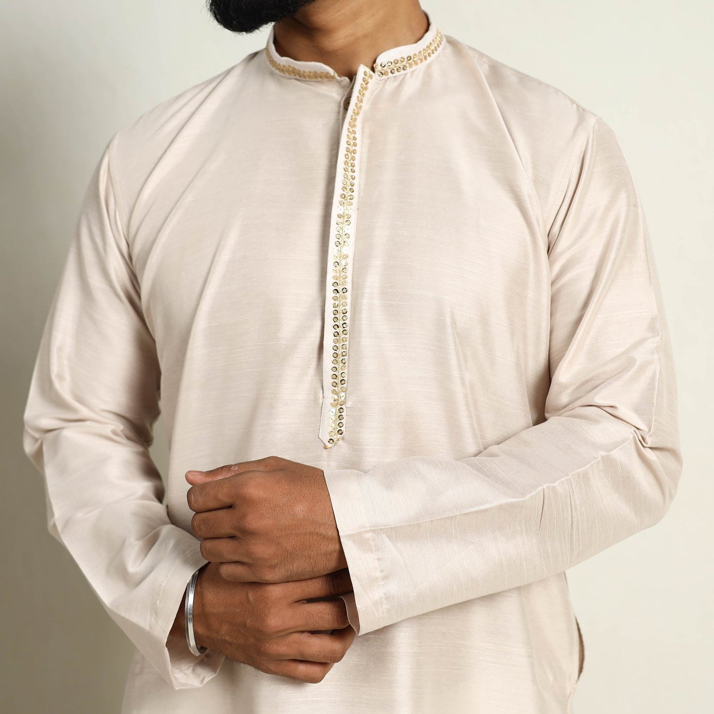 Buy Beige Slub Silk Kurta for Men with Detailed Neckline Work