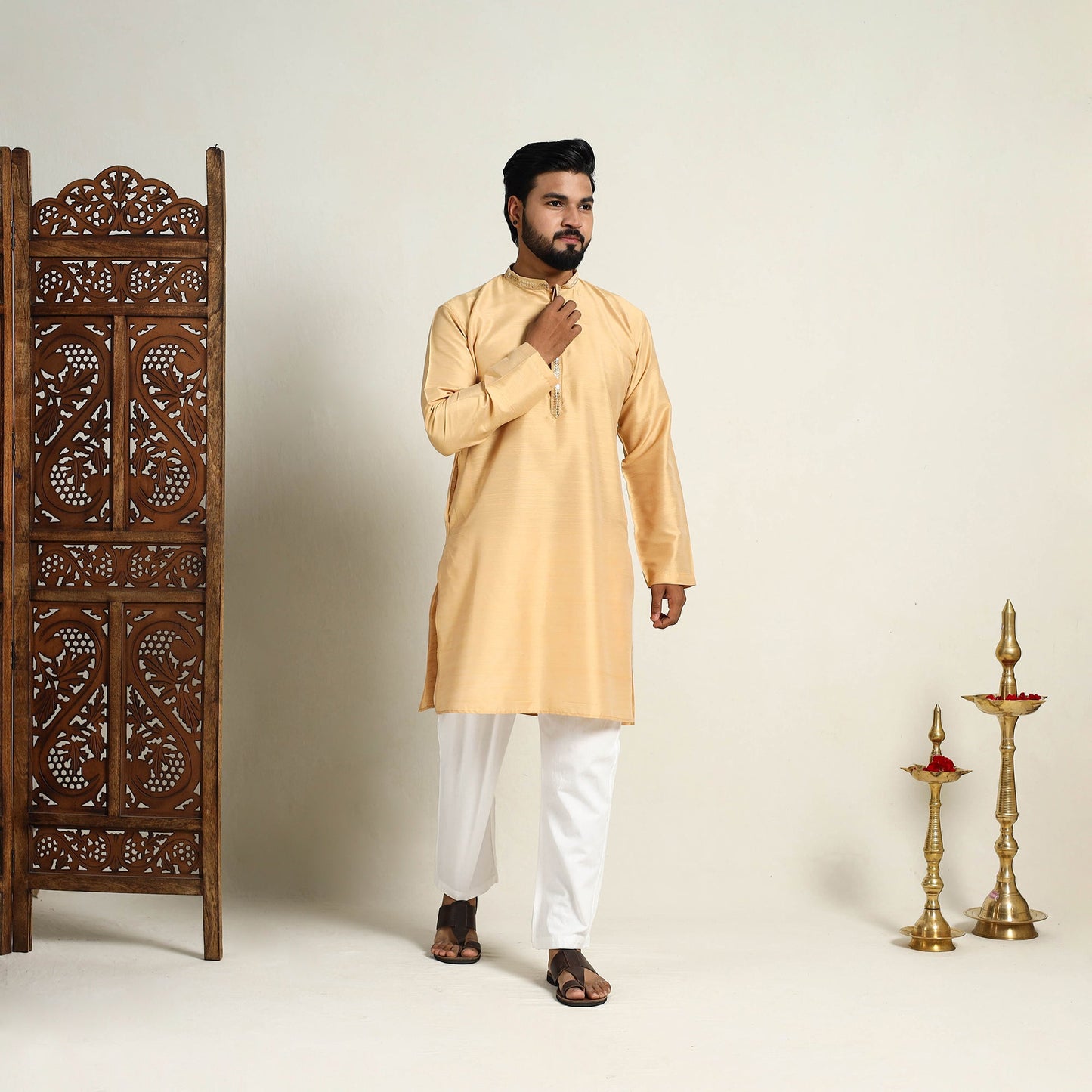 Buy Beige Slub Silk Kurta for Men with Detailed Neckline Work