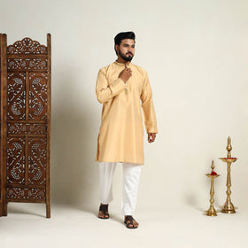Buy Beige Slub Silk Kurta for Men with Detailed Neckline Work