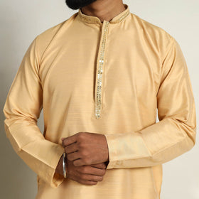Buy Beige Slub Silk Kurta for Men with Detailed Neckline Work