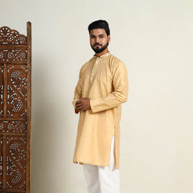 Buy Beige Slub Silk Kurta for Men with Detailed Neckline Work