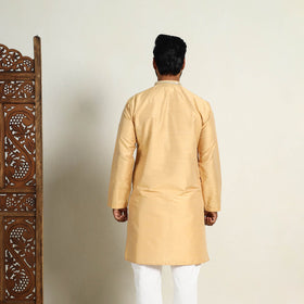 Buy Beige Slub Silk Kurta for Men with Detailed Neckline Work