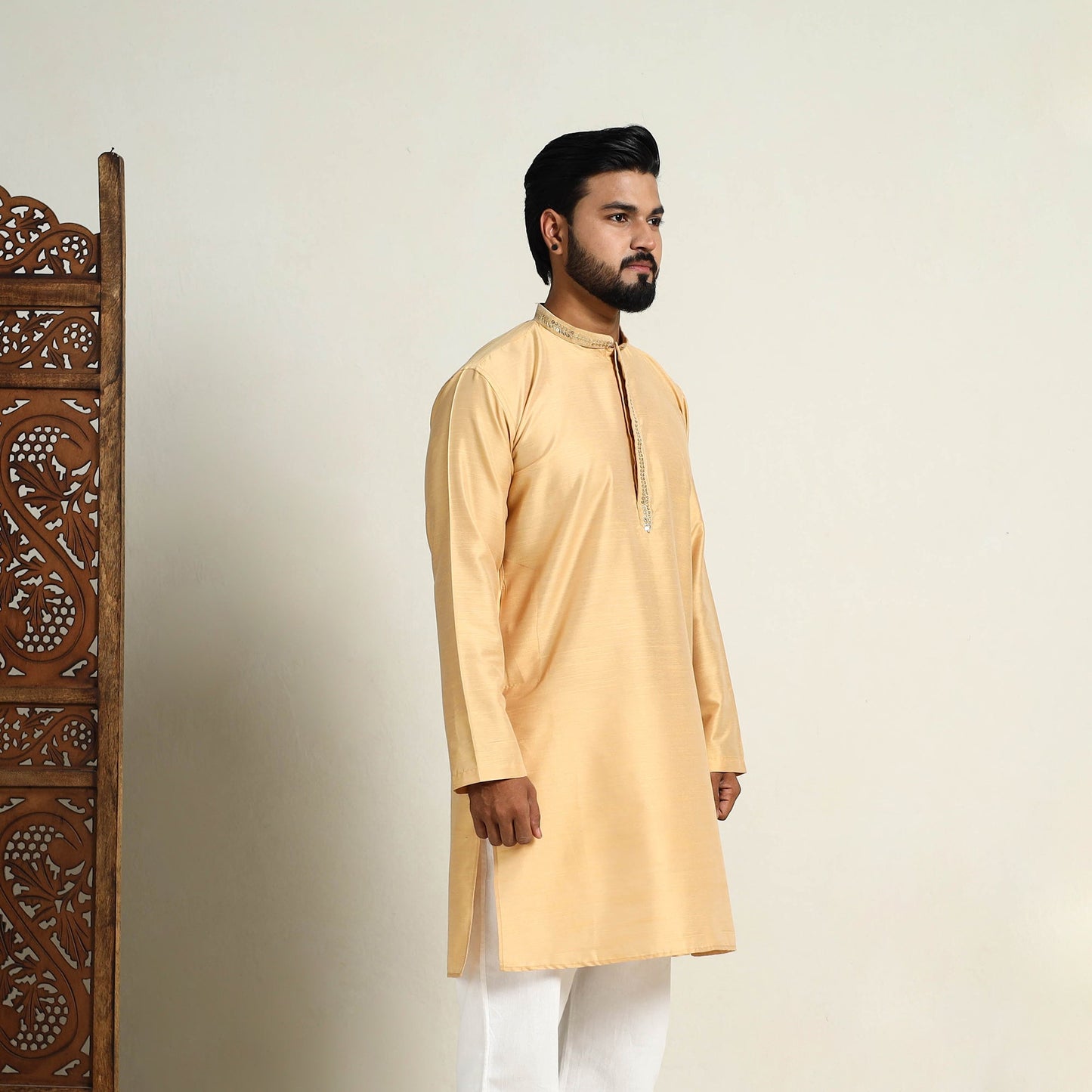 Buy Beige Slub Silk Kurta for Men with Detailed Neckline Work