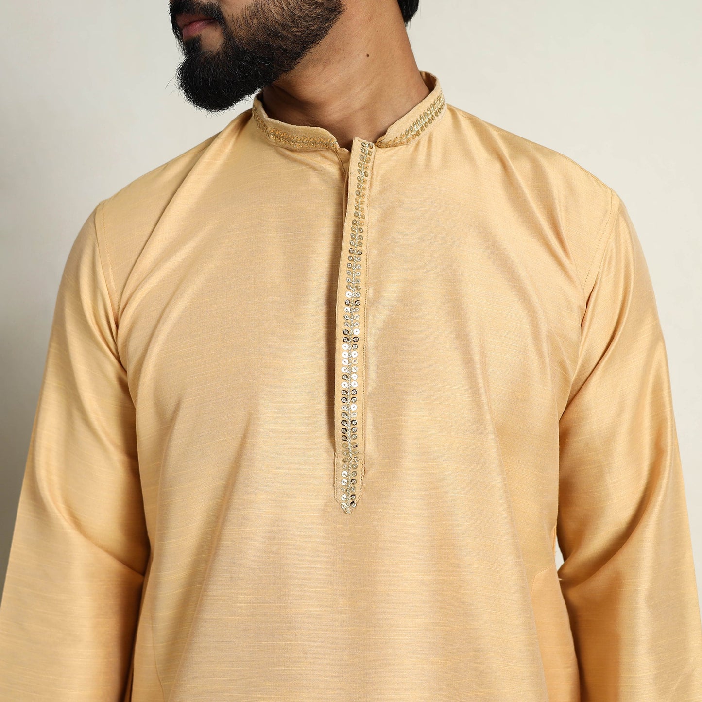 Buy Beige Slub Silk Kurta for Men with Detailed Neckline Work