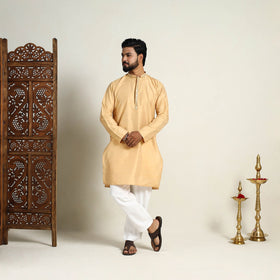 Buy Beige Slub Silk Kurta for Men with Detailed Neckline Work