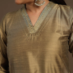 Beige Slub Silk A-Line Plain Kurta with Hand Embroidery