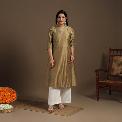 Beige Slub Silk A-Line Plain Kurta with Hand Embroidery