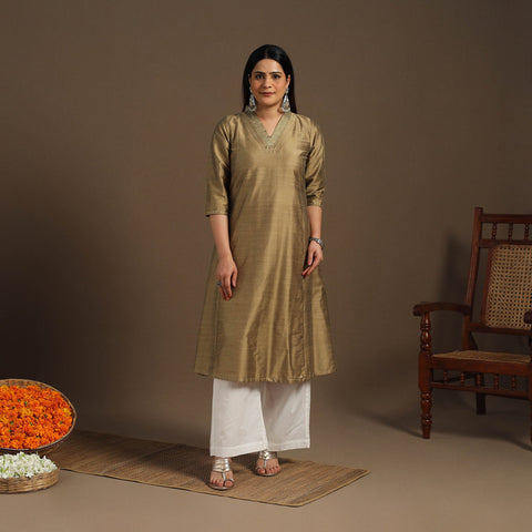 Beige Slub Silk A-Line Plain Kurta with Hand Embroidery