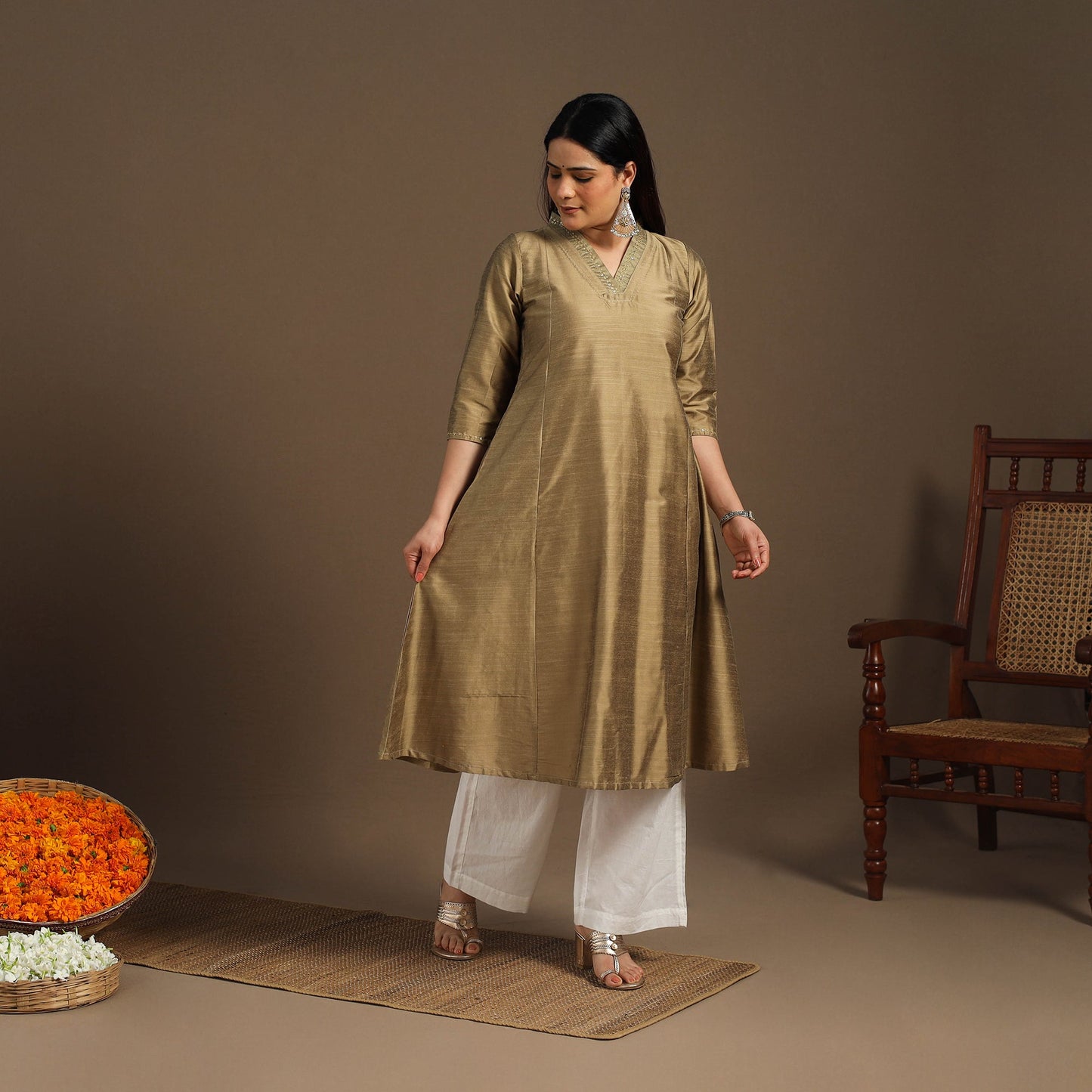 Beige Slub Silk A-Line Plain Kurta with Hand Embroidery