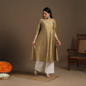 Beige Slub Silk A-Line Plain Kurta with Hand Embroidery