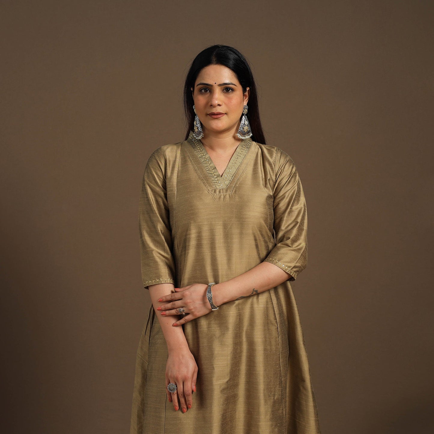 Beige Slub Silk A-Line Plain Kurta with Hand Embroidery
