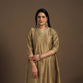Beige Slub Silk A-Line Plain Kurta with Hand Embroidery