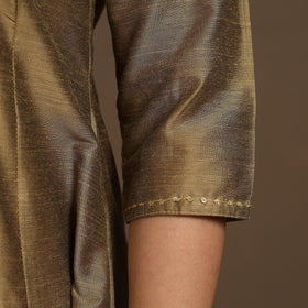 Beige Slub Silk A-Line Plain Kurta with Hand Embroidery