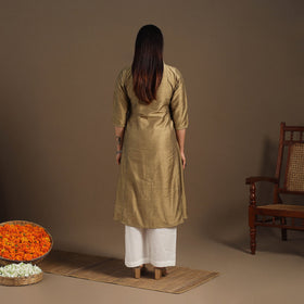 Beige Slub Silk A-Line Plain Kurta with Hand Embroidery