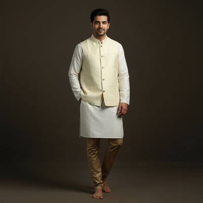 Slub silk men plain nehru jacket 03 - handcrafted